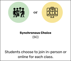 green circle with people talking at a table, yellow circle with people on a computer screen. Synchronous Choice.