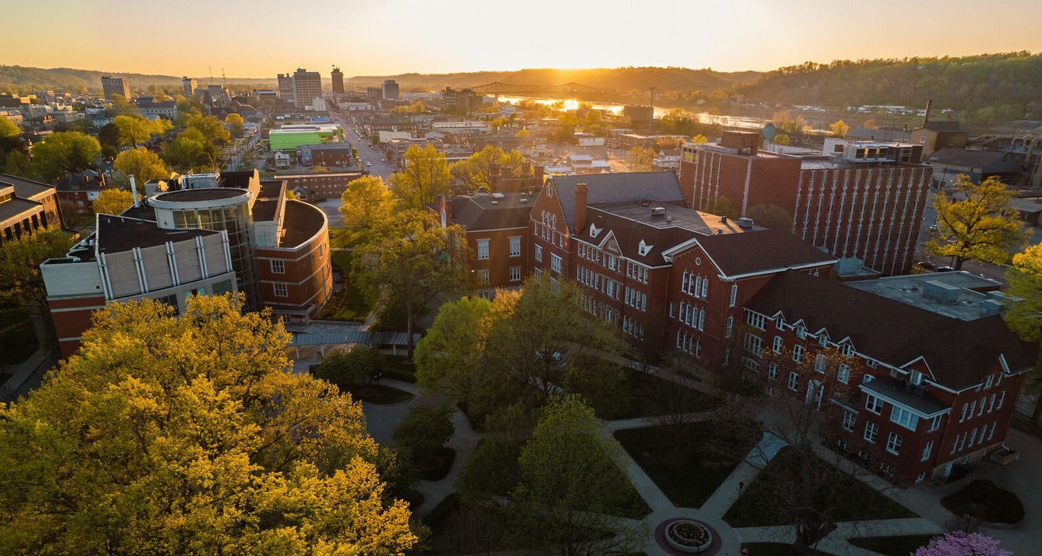 Overhead image of Marshall University's Huntington campus at sunset