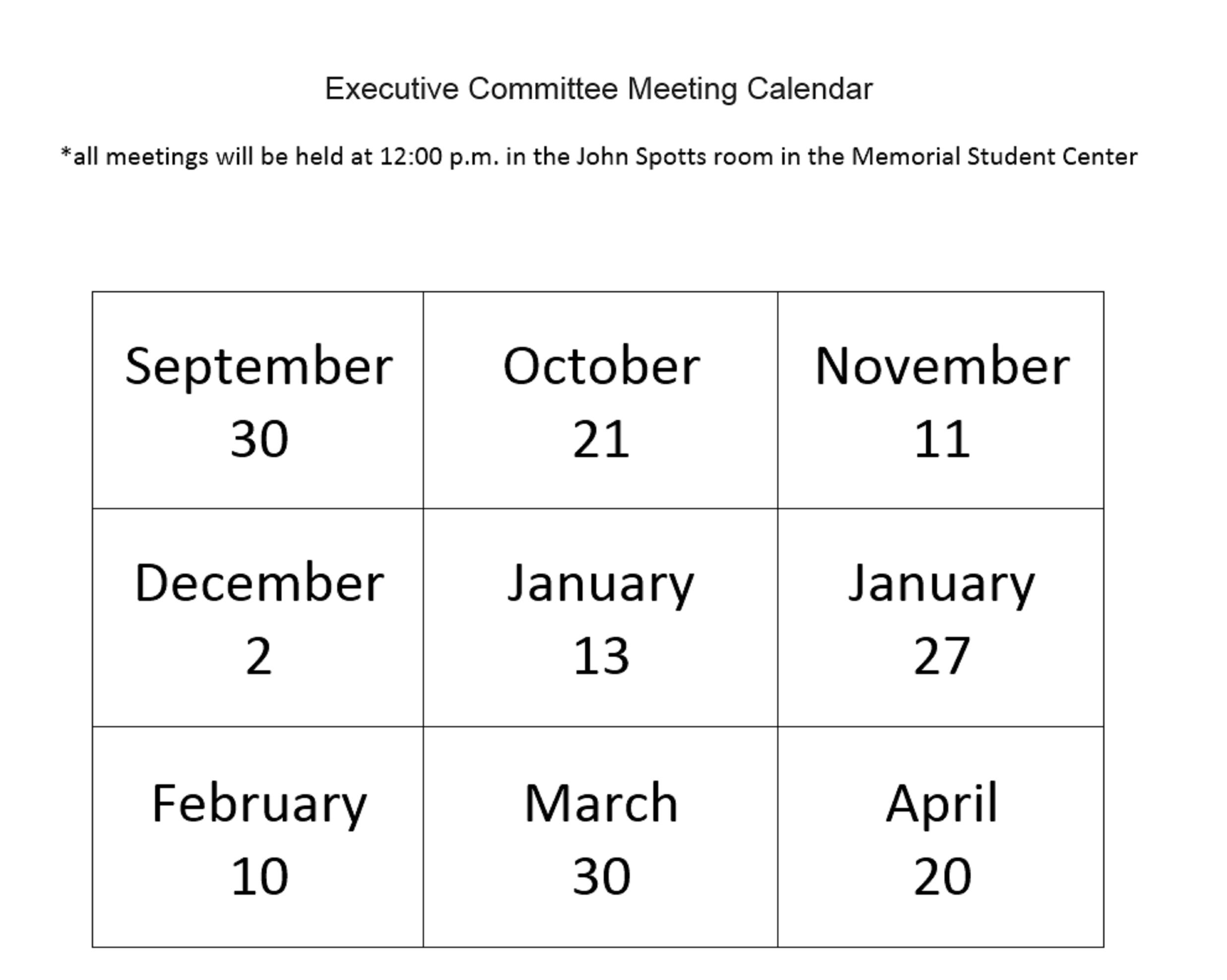Executive Committee Calendar Faculty Senate