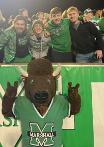 Marshall Students with Marco while cheering on Herd Football in Joan C. Edwards Stadium 