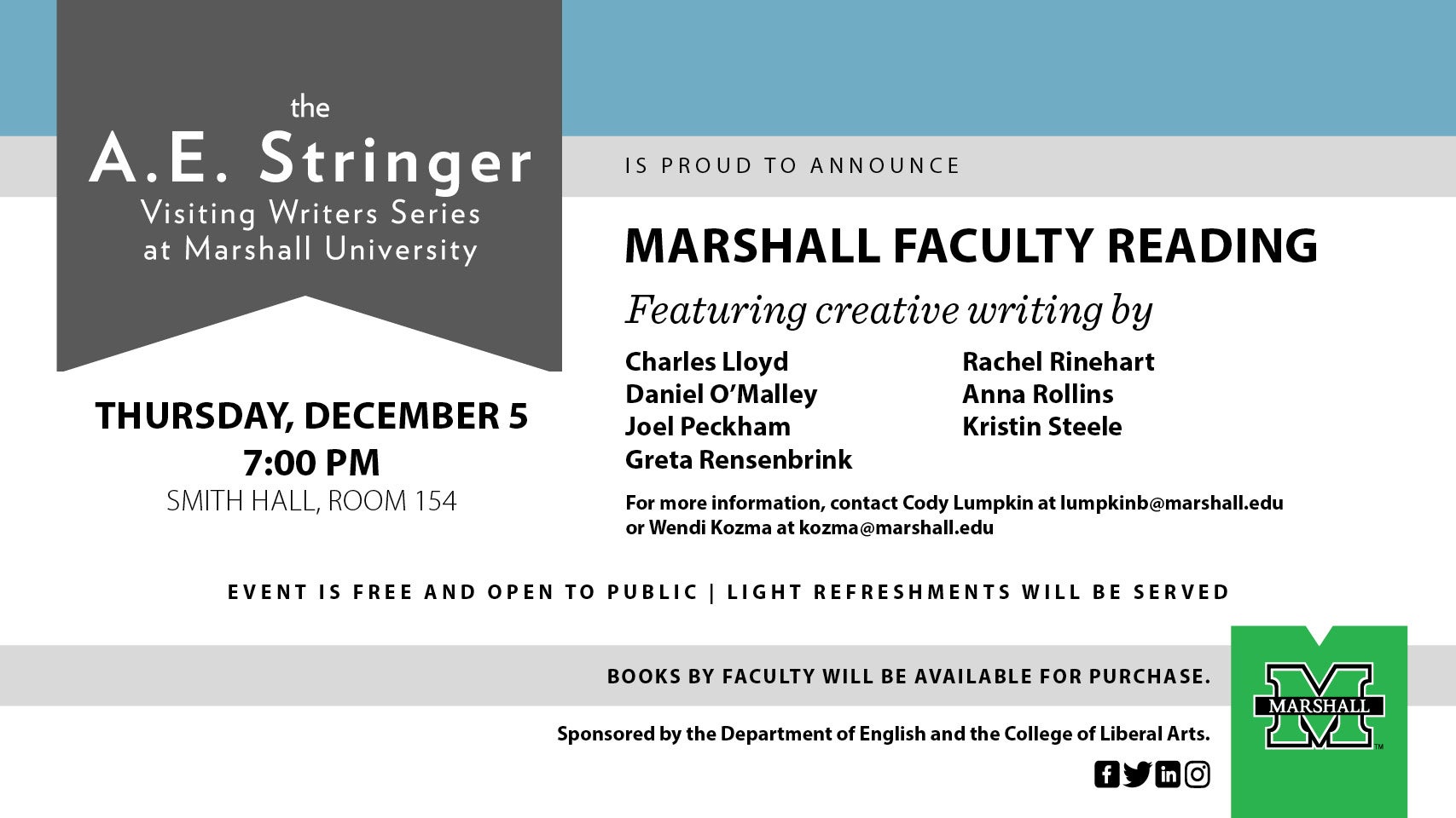 Faculty Readings To Be Presented As Part Of A E Stringer Visiting Writers Series Dec 5 Marshall University News