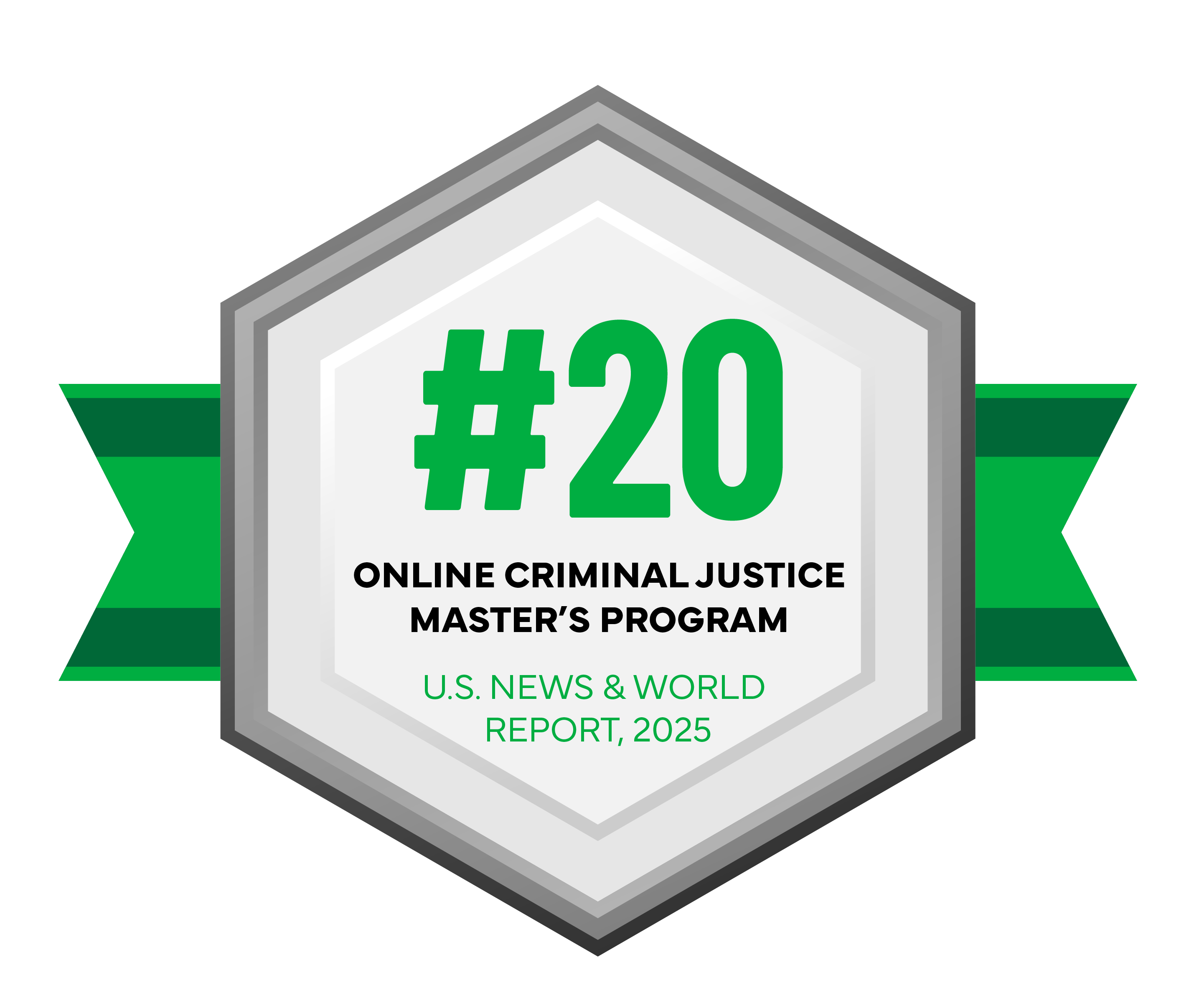 badge saying #20 ranking from US News & World Report for the Online Criminal Justice Master's Program