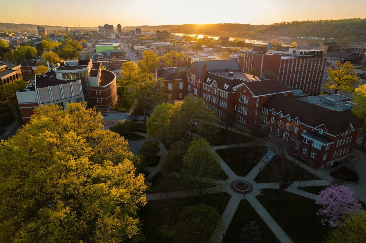 drone shot of Huntington campus at sunset