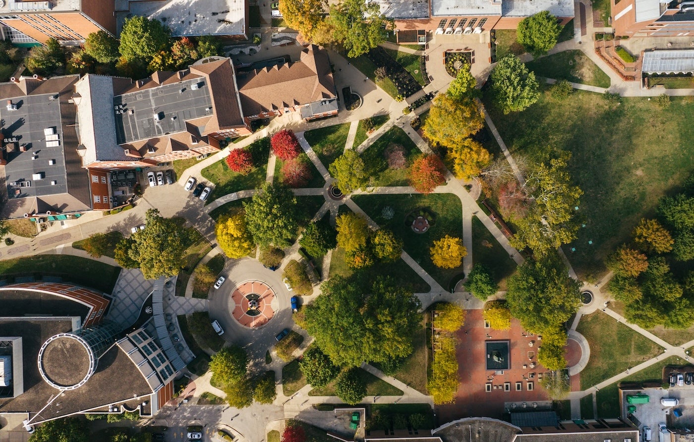 overhead drone shot of campus