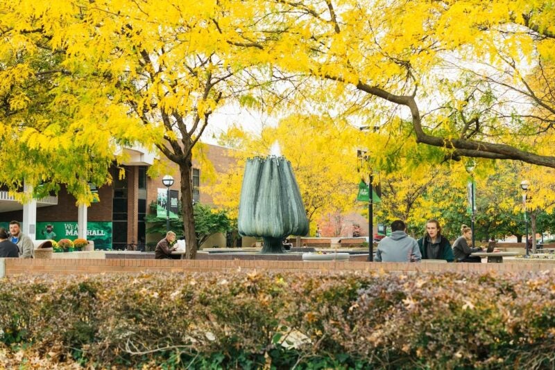 Memorial Student Center Fountain in the fall