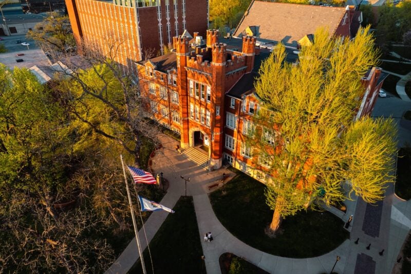 drone shot of west side of Old Main