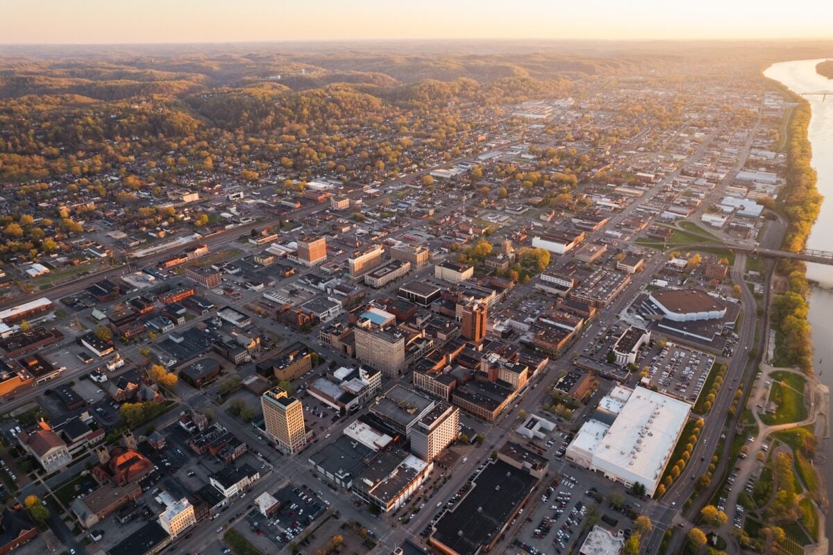 drone shot of downtown Huntington