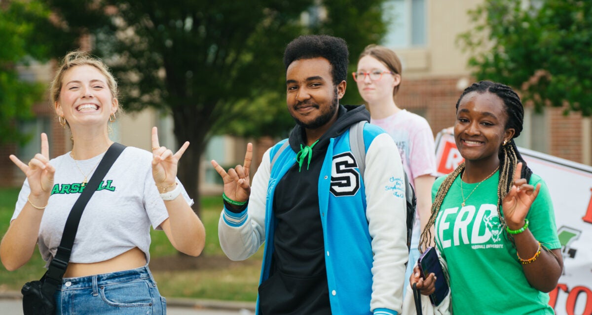 Students walking outside on the Marshall University campus