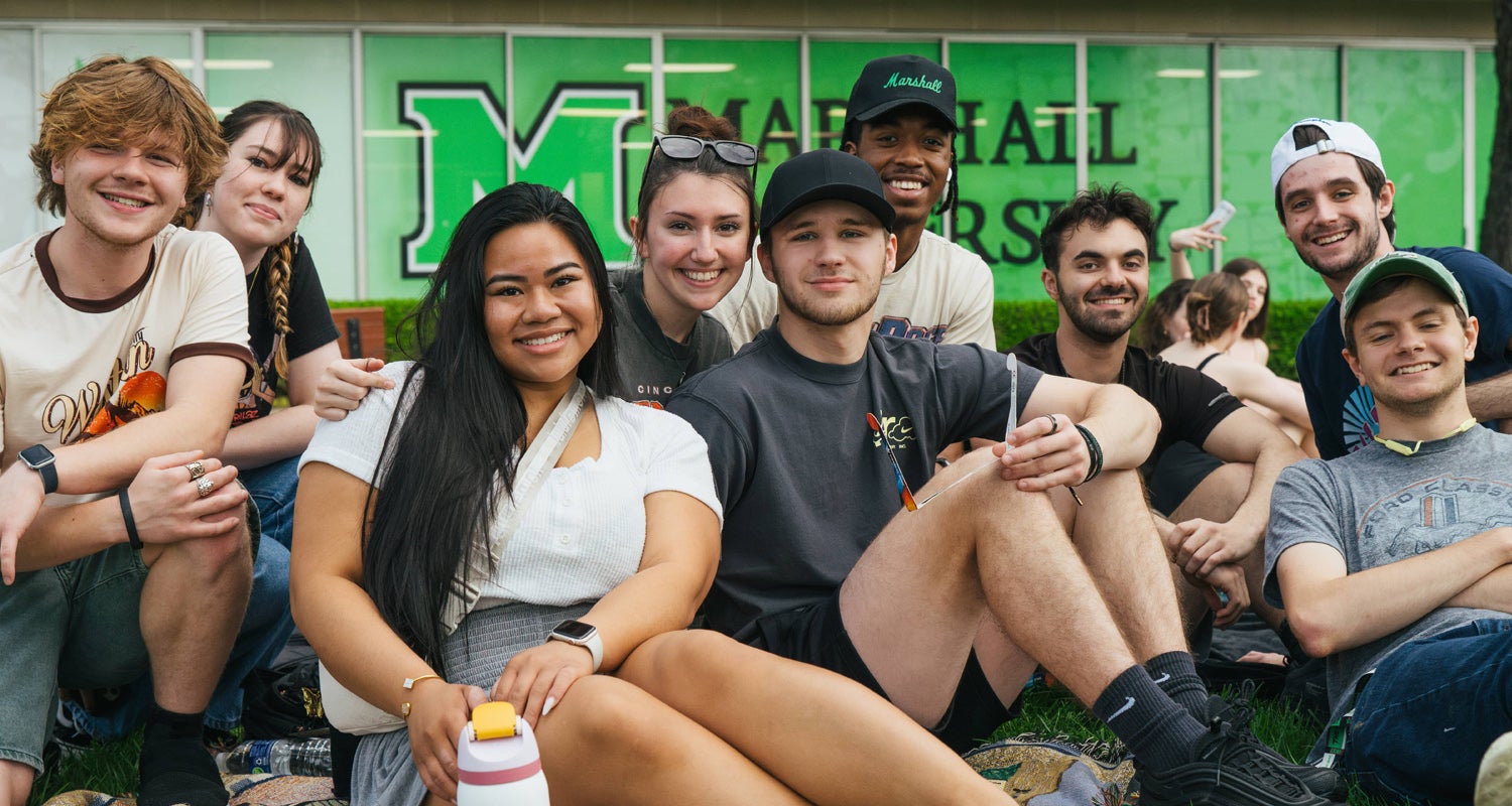 Students gather for a group photo on Marshall University's Buskirk Field