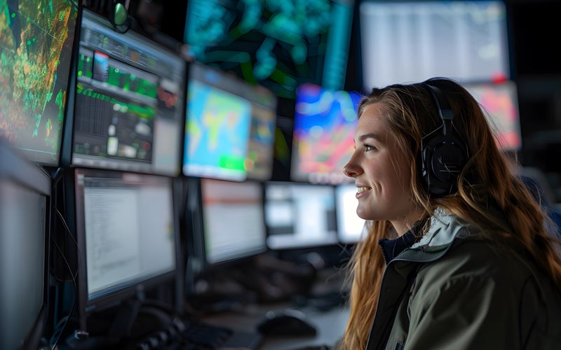 Student studies meteorology on a wall of computer screens